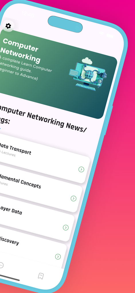 Learn Computer Networking Pro - Home screen of the Learn Computer Networking Pro app displaying networking lesson categories like Data Transport and Fundamental Concepts.