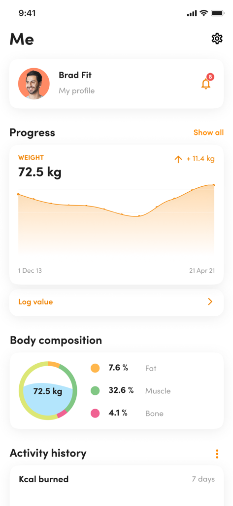 Basic Gym App - User profile in Basic Gym App showing weight progress graph and body composition breakdown