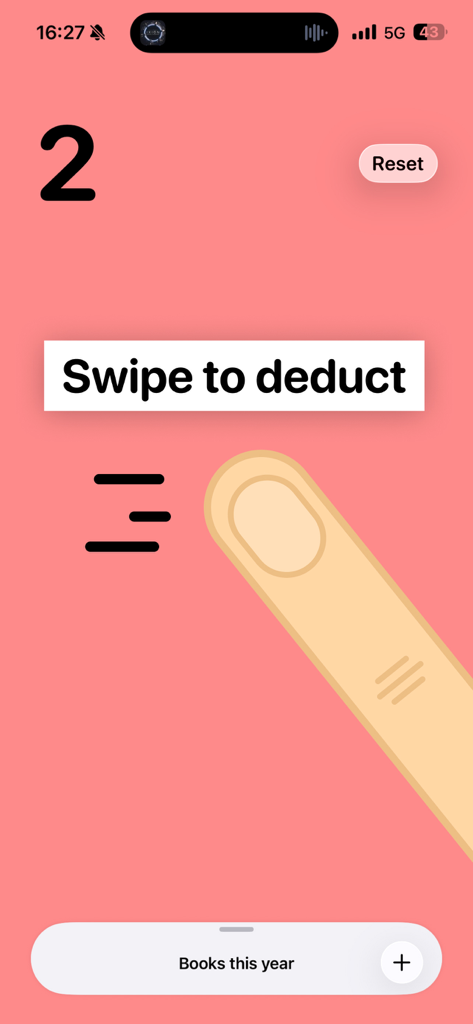 Tally Counter - Clicker App - Tela do aplicativo Contador Tally ilustrando o gesto de deslizar para deduzir