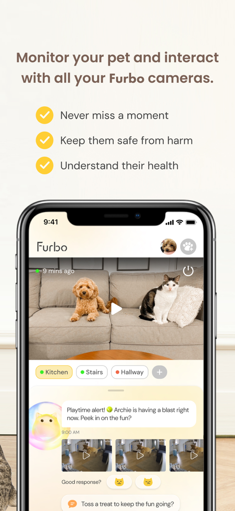 Furbo app interface showing pet monitoring and interaction alerts