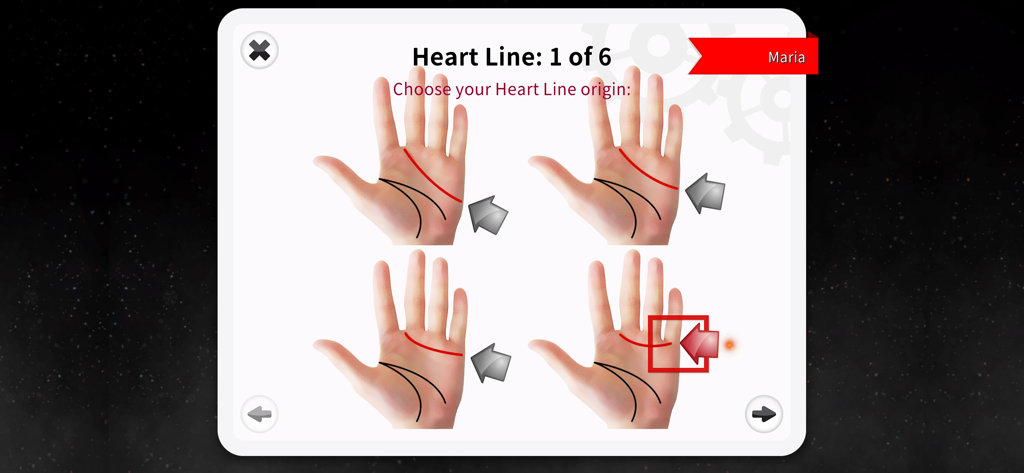 Palm Reading Premium - Interfaz de la aplicación Palm Reading Premium mostrando cuatro diagramas de mano para seleccionar el origen de la línea del corazón.