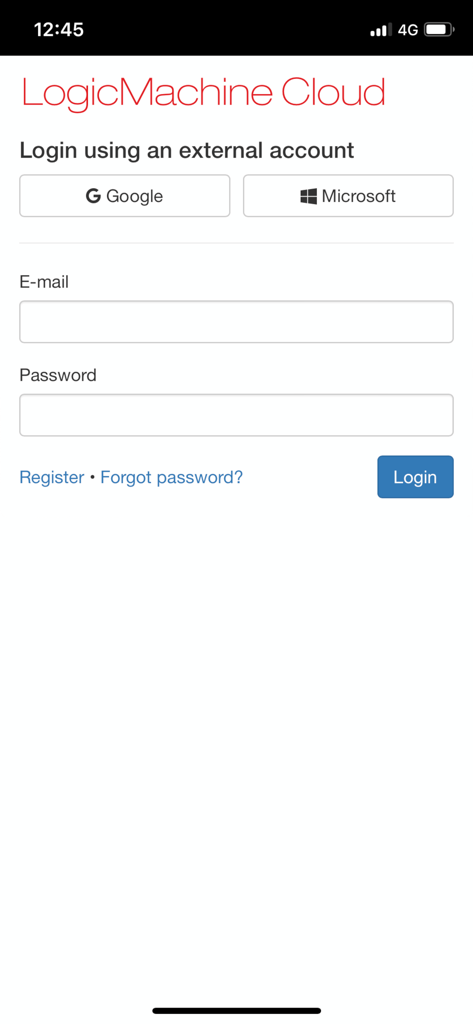 LM Home - LogicMachine Cloud login interface for remote home automation control