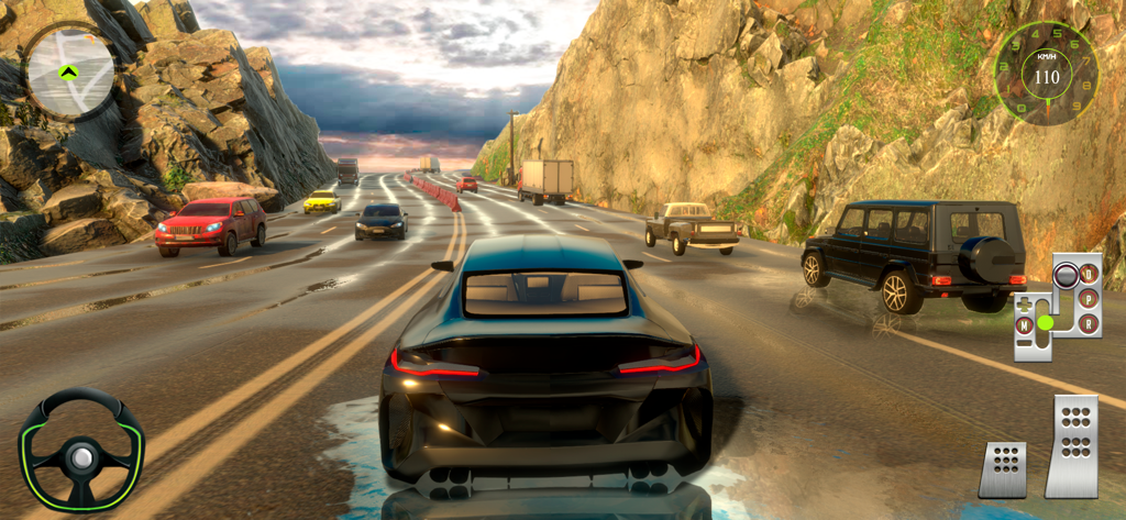 Car Driving 2024 : Racing Game - Un coche deportivo negro conduciendo por una autopista mojada con paisaje de montaña e interfaz de juego móvil.