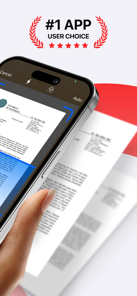 Document scanner: Scan to PDF - プロフェッショナルなPDFファイルを作成するために、紙のドキュメントをスキャンしているスマートフォン