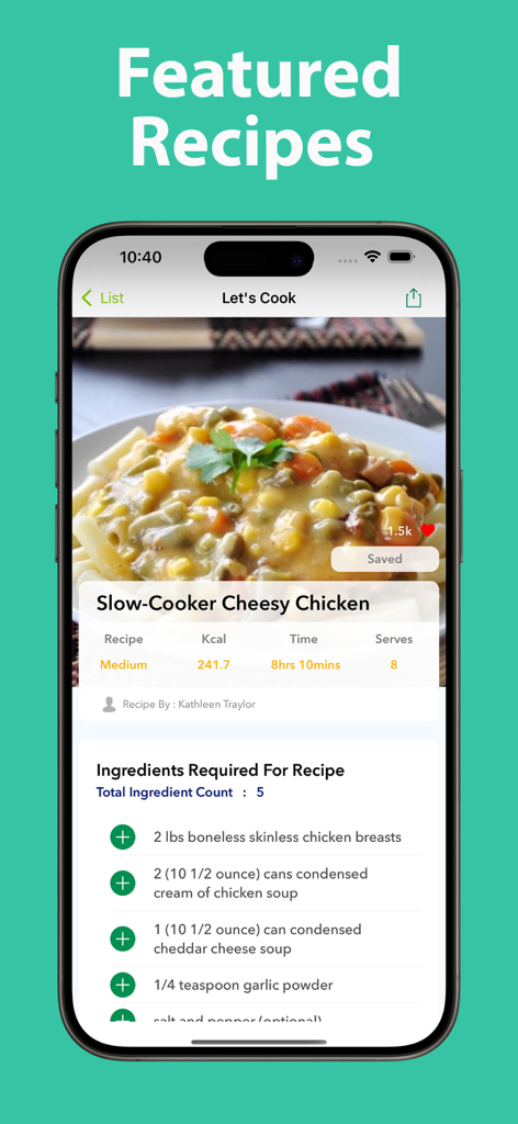 Weight Loss Recipe Book - Smartphone screen showing a featured slow-cooker cheesy chicken recipe with ingredients and calorie information in the Weight Loss Recipe Book app