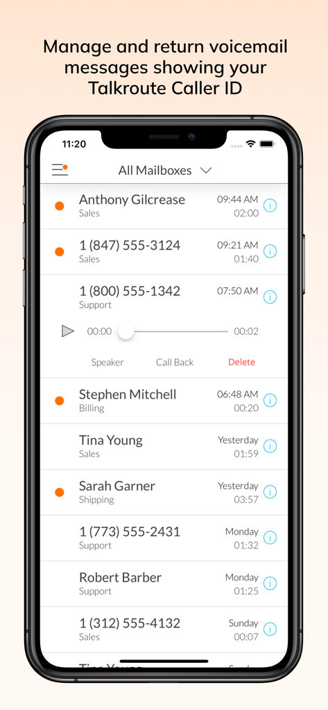 Talkroute mobile app displaying a list of business voicemail messages with caller ID information.
