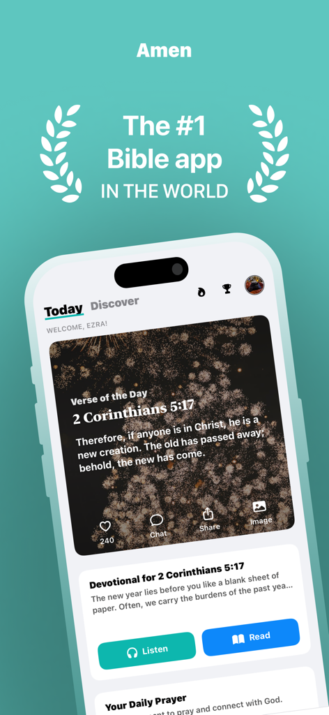 Amen Bible Chat app home screen showing the verse of the day and a daily devotional for spiritual wellness.