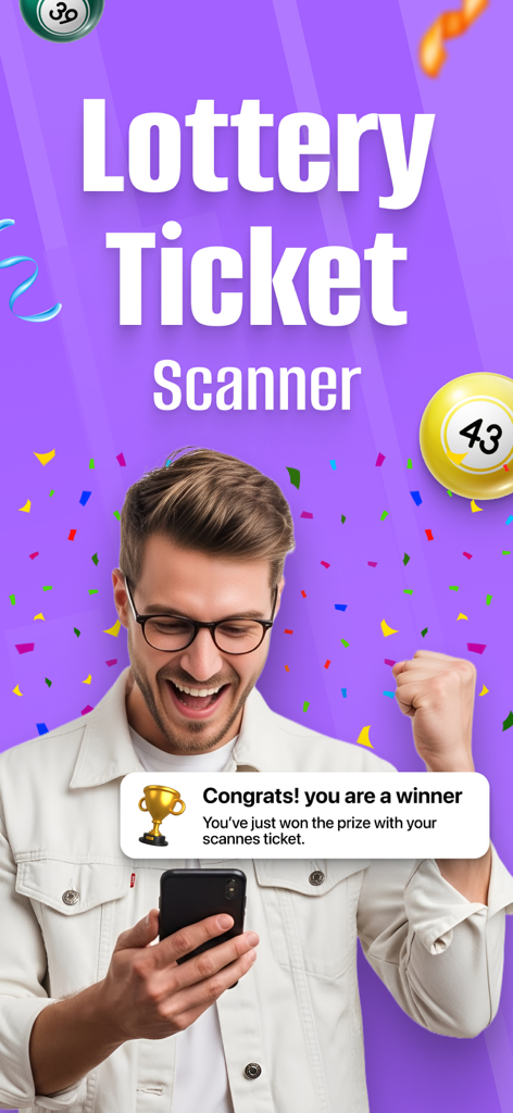 Lottery Ticket Scanner ⁃ Lotto - A man cheering while looking at a lottery winner notification on his smartphone using the lottery ticket scanner app