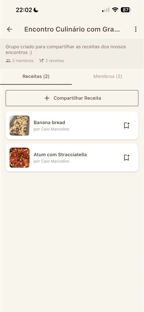 My Recipe Notebook - Interface of My Recipe Notebook app showing a shared group screen with recipes for banana bread and tuna