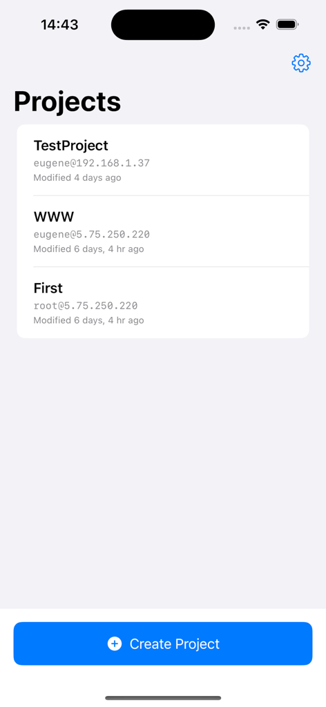 CodeAgents Mobile - A list of development projects in the CodeAgents Mobile app showing SSH connections and server addresses.