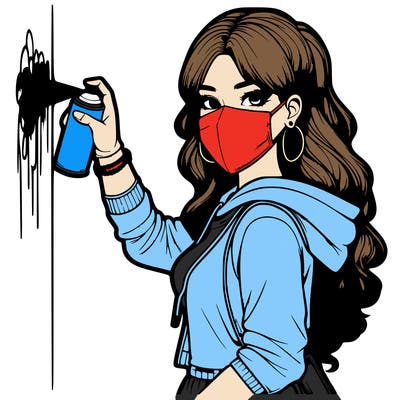 realistic girl with mask spray painting a wall