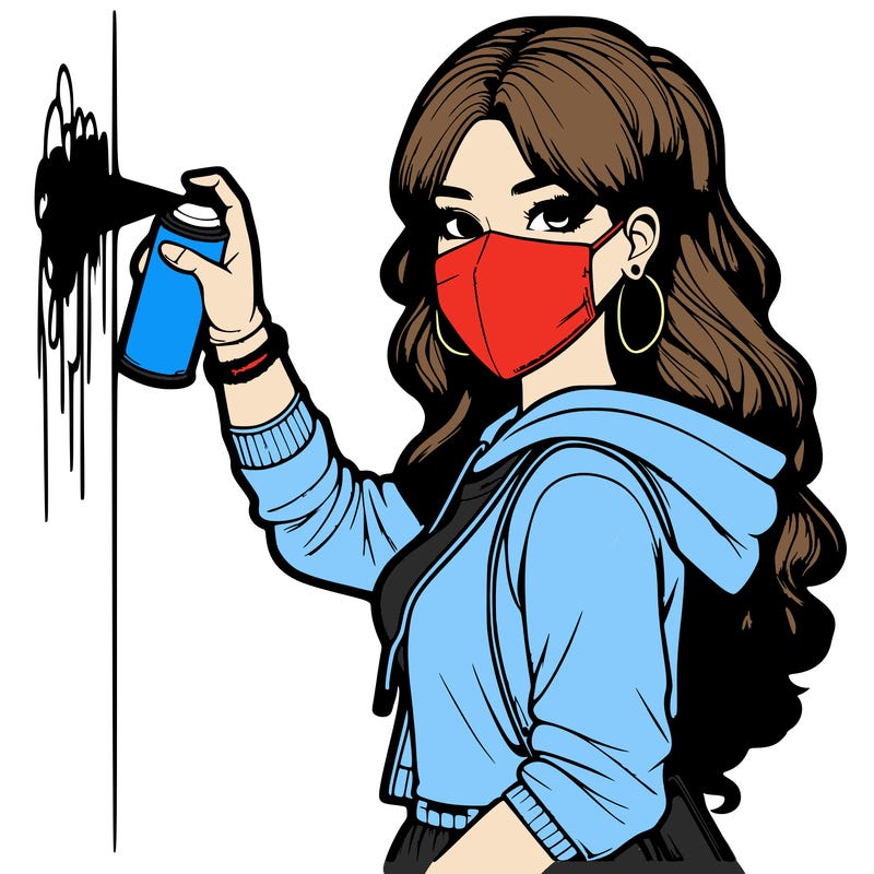 realistic girl with mask spray painting a wall