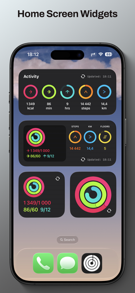 Customizable fitness and activity tracker widgets on an iPhone home screen displaying daily rings and metrics