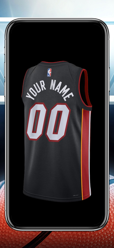 Make Your Basketball Jersey - Smartphone screen displaying a custom black and red basketball jersey with personalized name and number
