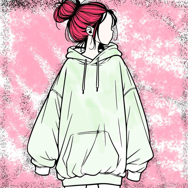 realistic girl with a oversized sweatshirt on and a bun