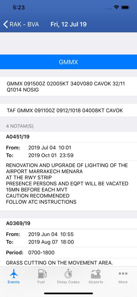 737 Pilot - 737 Pilot app displaying METAR weather and NOTAM notices for Marrakech airport