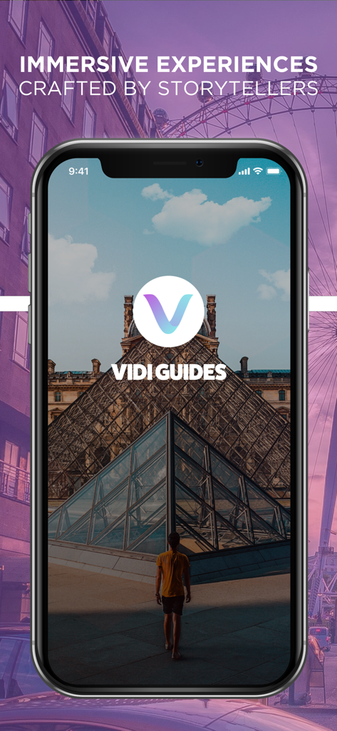 Vidi Guides: Self Guided Walks - Vidi Guides app home screen featuring the Louvre and the headline Immersive Experiences Crafted by Storytellers.