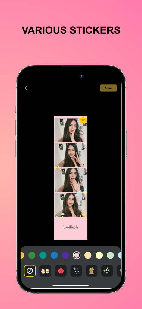 VividBooth - PhotoBooth Camera - A smartphone screen showing the VividBooth app interface with a four-cut photo strip decorated with cute stickers and background color options.