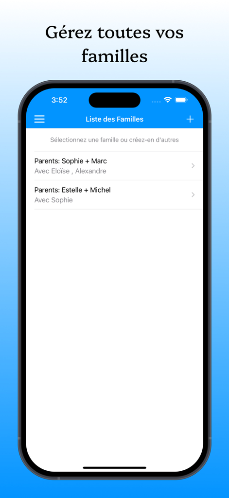 KidCal: Co-Parent Calendar App - KidCal mobile app screen showing a list of families and parents for managing multiple co-parenting schedules