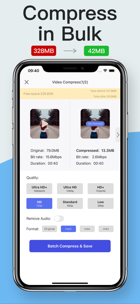 Video Compressor : Converter - Mobile app interface showing bulk video compression from 328MB to 42MB with quality and format settings