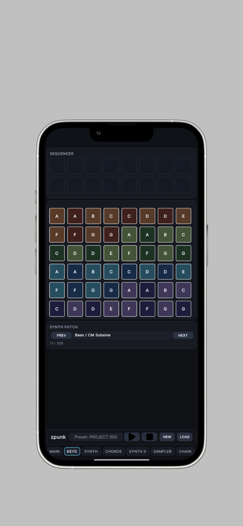 zpunk - Interfaz de sintetizador de la groovebox de bolsillo zpunk mostrando una cuadrícula de pads de notas musicales de colores y secuenciador por pasos