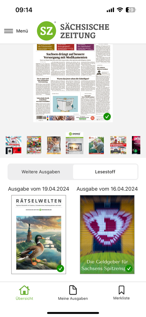 SZ E-Paper App, die die digitale Zeitungsauflage und verschiedene regionale Beilagen anzeigt.