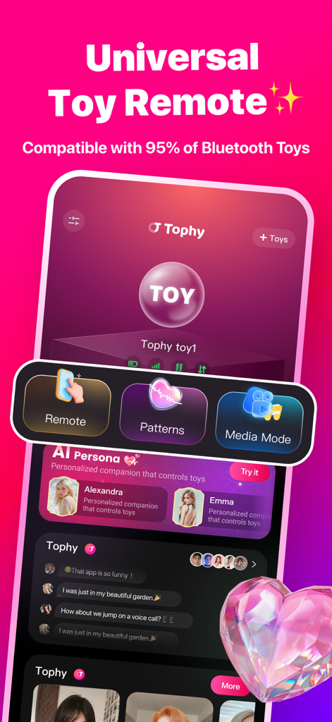 Tophy app screen displaying universal toy remote control features compatible with bluetooth devices