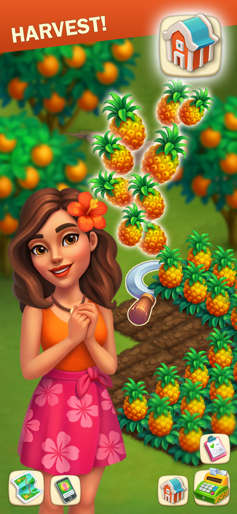The Farmers: Island Adventure - Grace smiling while harvesting pineapples on a tropical island farm in The Farmers mobile game.