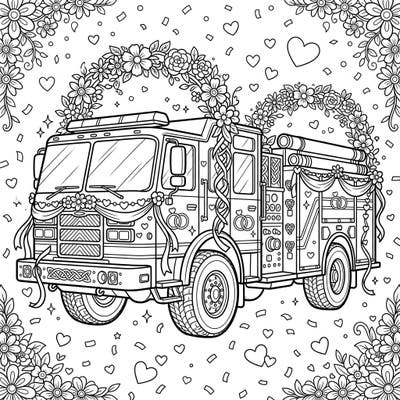 Unleash your creativity with this wonderfully whimsical coloring page featuring a Hazmat Vehicle adorned for a wedding celebration. Discover the delightful details of floral arches, ribbons, and hearts, making for a truly unique artistic adventure.
