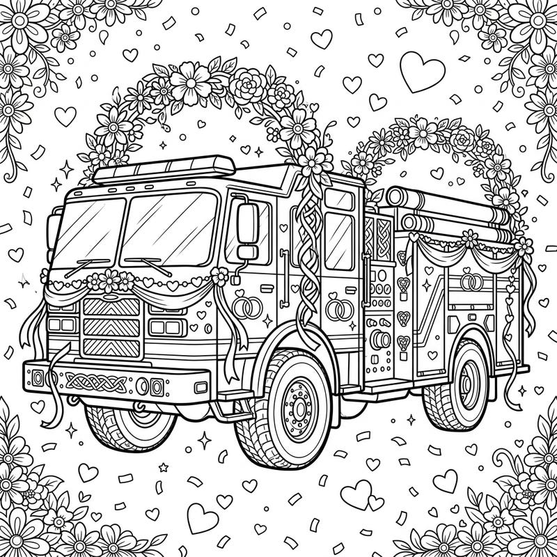 Unleash your creativity with this wonderfully whimsical coloring page featuring a Hazmat Vehicle adorned for a wedding celebration. Discover the delightful details of floral arches, ribbons, and hearts, making for a truly unique artistic adventure.