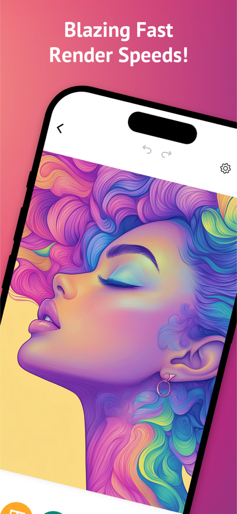 AI Image Maker Pro: Fast & Fun - An iPhone displaying a vibrant AI-generated colorful portrait with the text Blazing Fast Render Speeds.