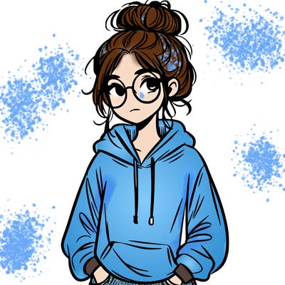 teen girl with a messy bun and glasses wearing a loose hoodie and jeans