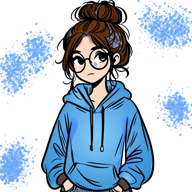 teen girl with a messy bun and glasses wearing a loose hoodie and jeans