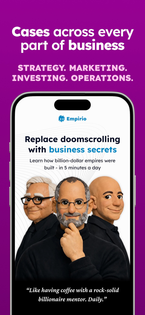 Empirio: Learn Business - Empirio app screenshot showing business strategy cases and stylized billionaire mentor characters