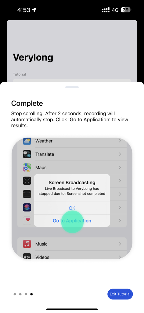 Schermata tutorial nell'app Creatore di Screenshot Lunghissimi che mostra una notifica di cattura screenshot lungo completata con successo su iOS.