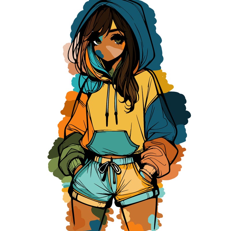 realistic girl in shorts and hoodie