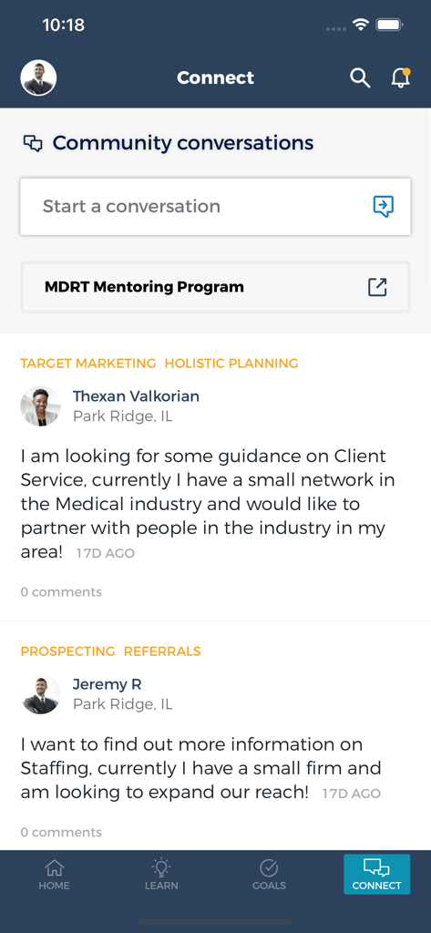 The MDRT Academy - Community conversations and mentoring program interface on The MDRT Academy app.