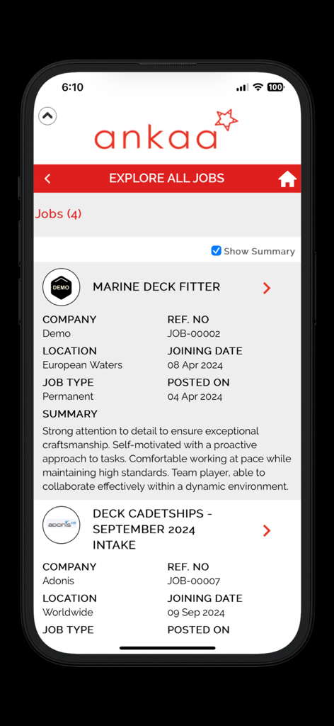 ankaa - Ankaa app interface displaying available maritime jobs including a listing for a Marine Deck Fitter