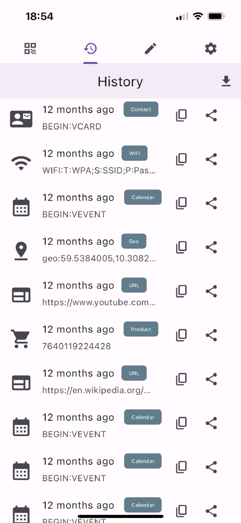 QR Code Scanner - Smart Scan - History screen of QR Code Scanner app showing a list of scanned items including contacts, wifi networks, and calendar events