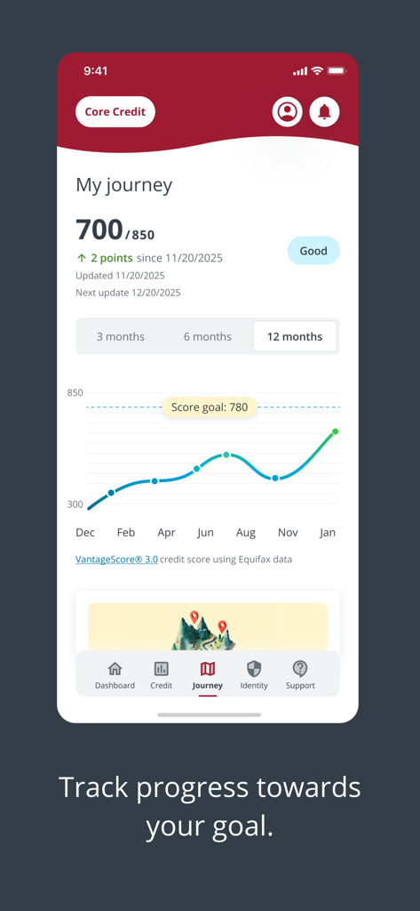 myEquifax app interface displaying a credit score progress chart and a score goal tracker