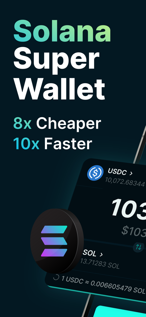Jupiter Mobile Solana Super Wallet app marketing screen showing speed and cost benefits.