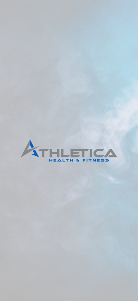 Athletica Health and Fitness App Splashscreen mit dem Firmenlogo auf einem rauchig-grauen Hintergrund