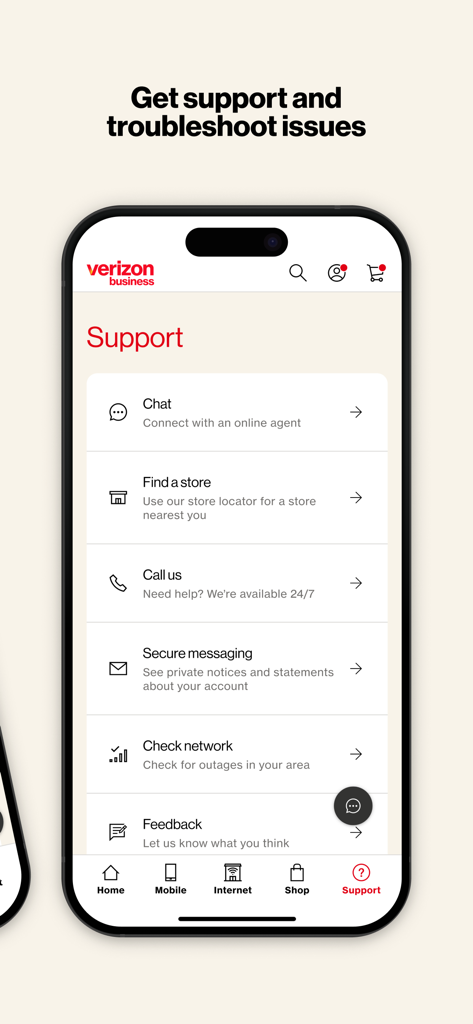 La schermata di supporto dell'app My Verizon For Business che mostra le opzioni per la chat, il localizzatore di negozi e la risoluzione dei problemi di rete.