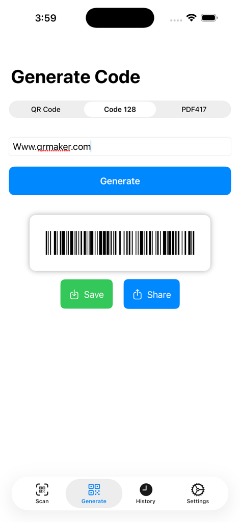QR Maker: Code Reader, Scanner - ウェブサイトURLからCode 128バーコードを生成しているモバイルアプリのインターフェース。