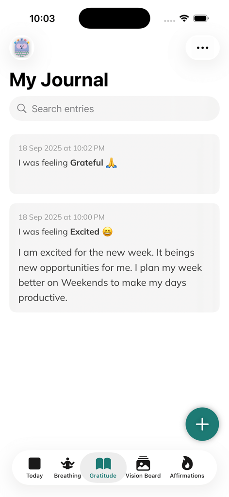 My Wellbeing: Gratitude App - Una captura de pantalla de la pantalla del diario de la aplicación My Wellbeing que muestra entradas de gratitud y emojis de seguimiento del estado de ánimo.