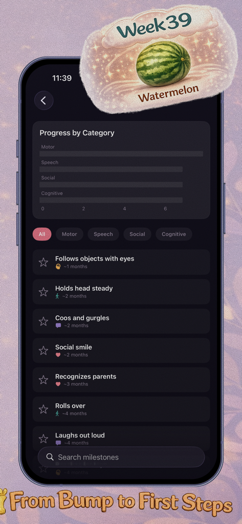 Baby Journey - Pantalla de la aplicación Baby Journey que muestra los hitos del desarrollo del bebé y las categorías de progreso.