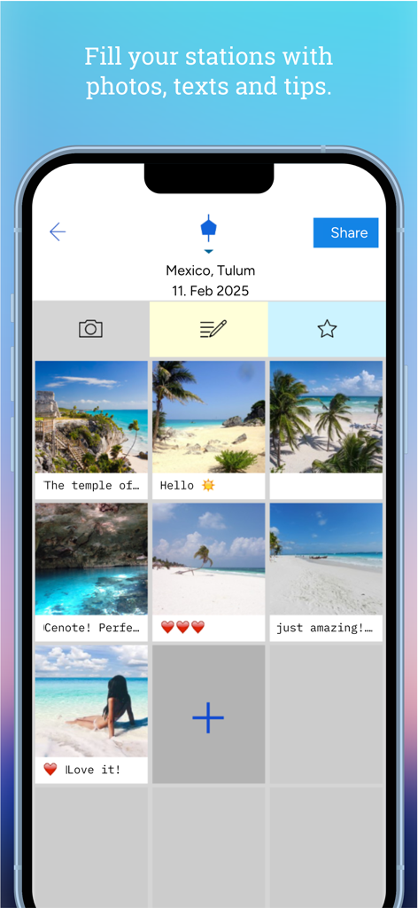 Tripmii - Travel Diary - Tripmii app interface showing a travel diary entry for Tulum Mexico with a grid of beach and temple photos