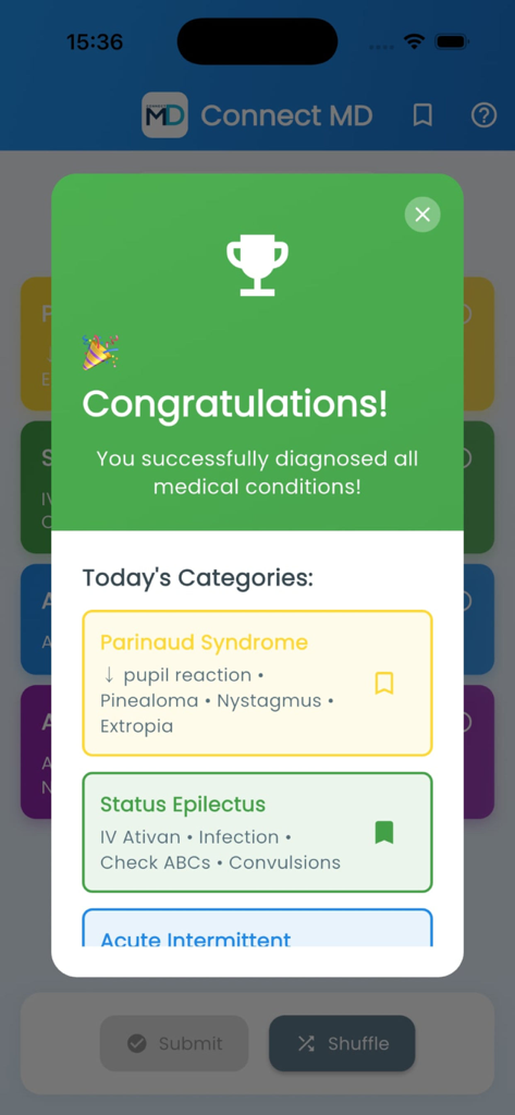 Tela de parabéns no aplicativo Connect-MD mostrando um quebra-cabeça de categoria médica resolvido com sucesso com termos clínicos.