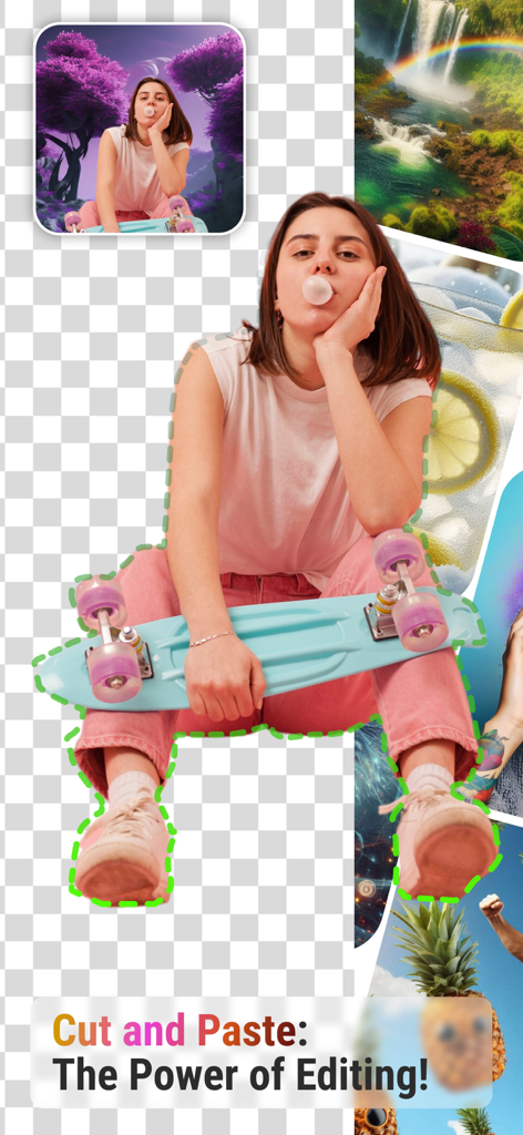 Uma foto de uma garota com um skate sendo contornada para ser recortada e colada em um novo fundo.