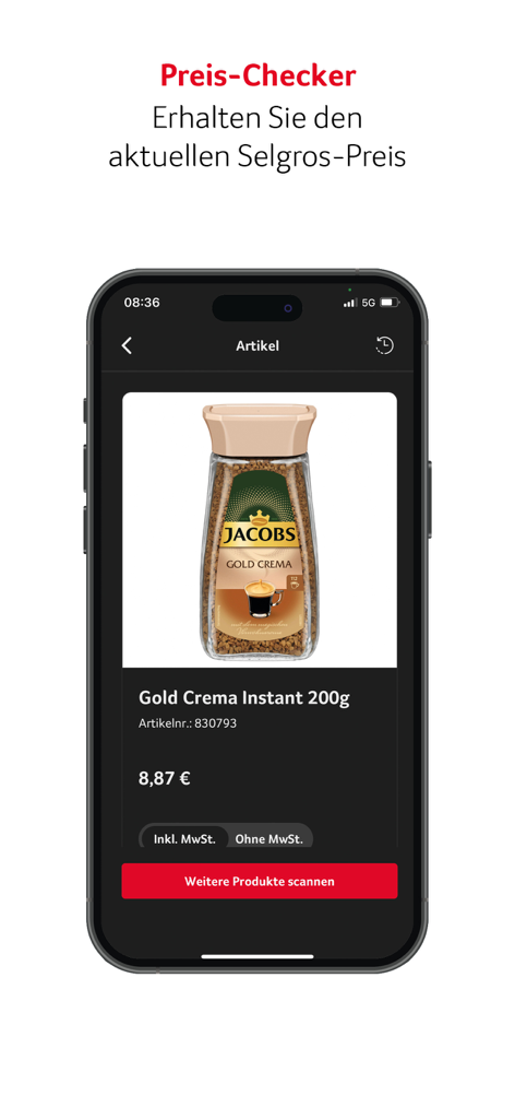 Selgros (New) - Selgros-App-Preissucher-Oberfläche, die den aktuellen Preis eines Jacobs-Kaffee-Produkts anzeigt